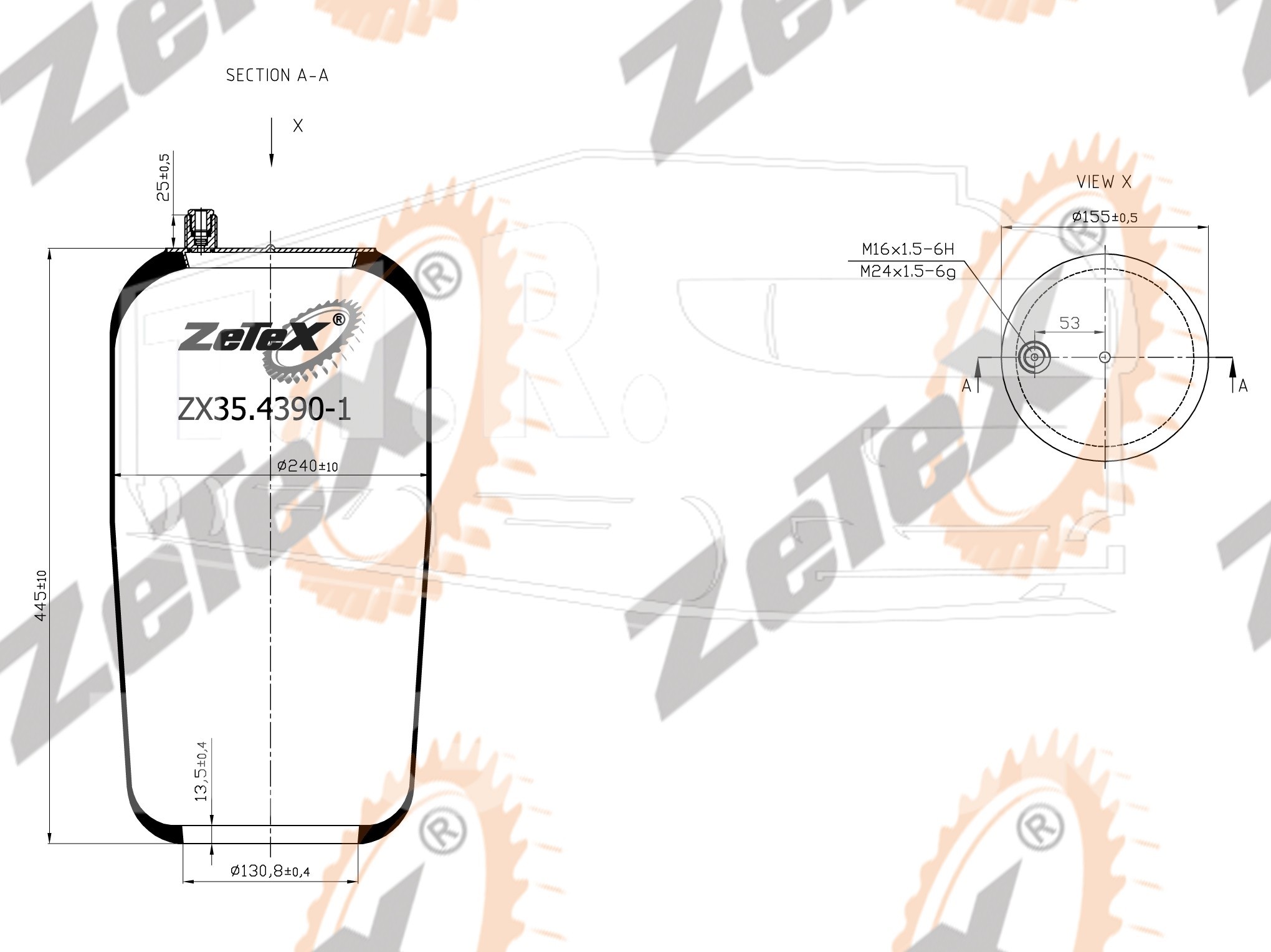 ZX35.4390-1, Пневморессора 4390N1 без стакана Mercedes Actros — ZeTeX