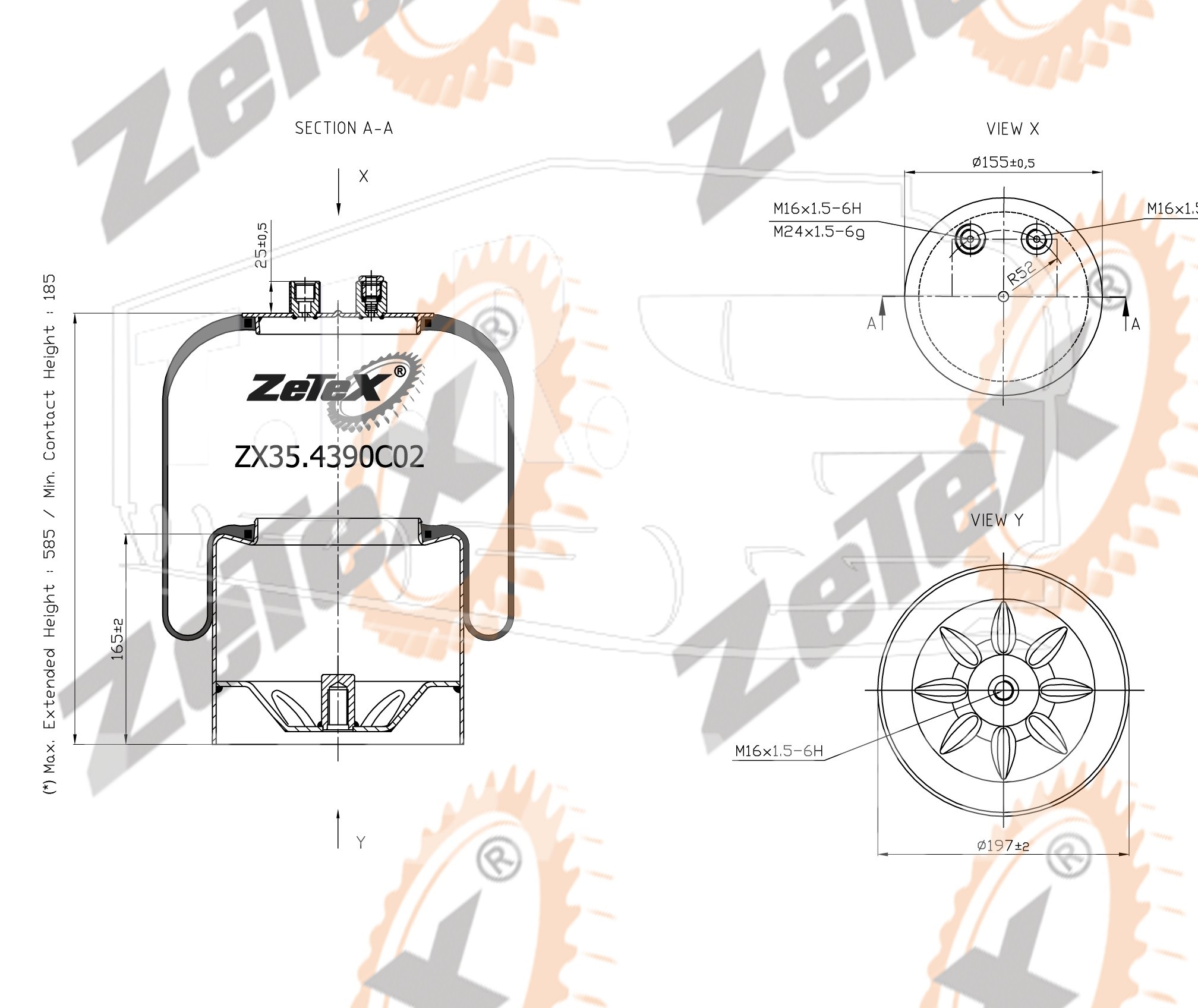 ZX35.4390C02, Пневморессора 4390NP02 Voss 230 металлический стакан Mercedes Actros — ZeTeX
