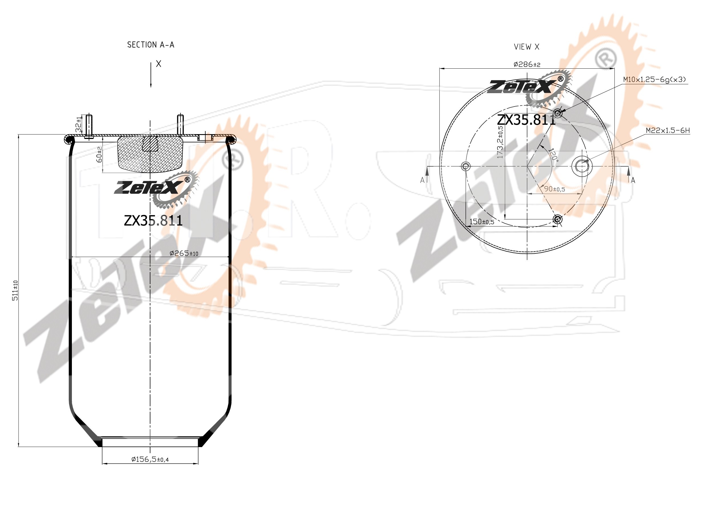 ZX35.811, Пневморессора 811MB без стакана DAF / RENAULT — ZeTeX