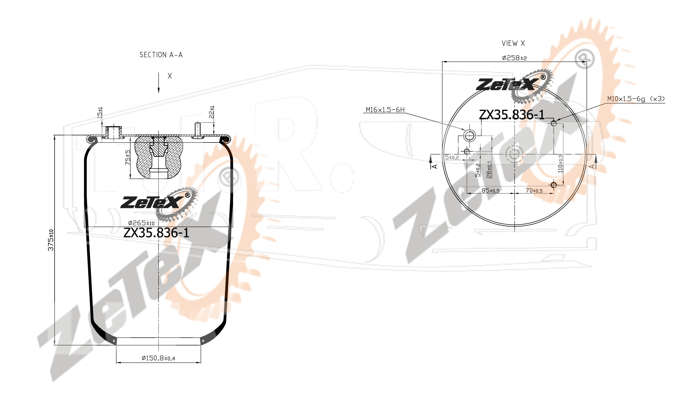 ZX35.836-1, Пневморессора 836MB с отбойником без стакана DAF — ZeTeX