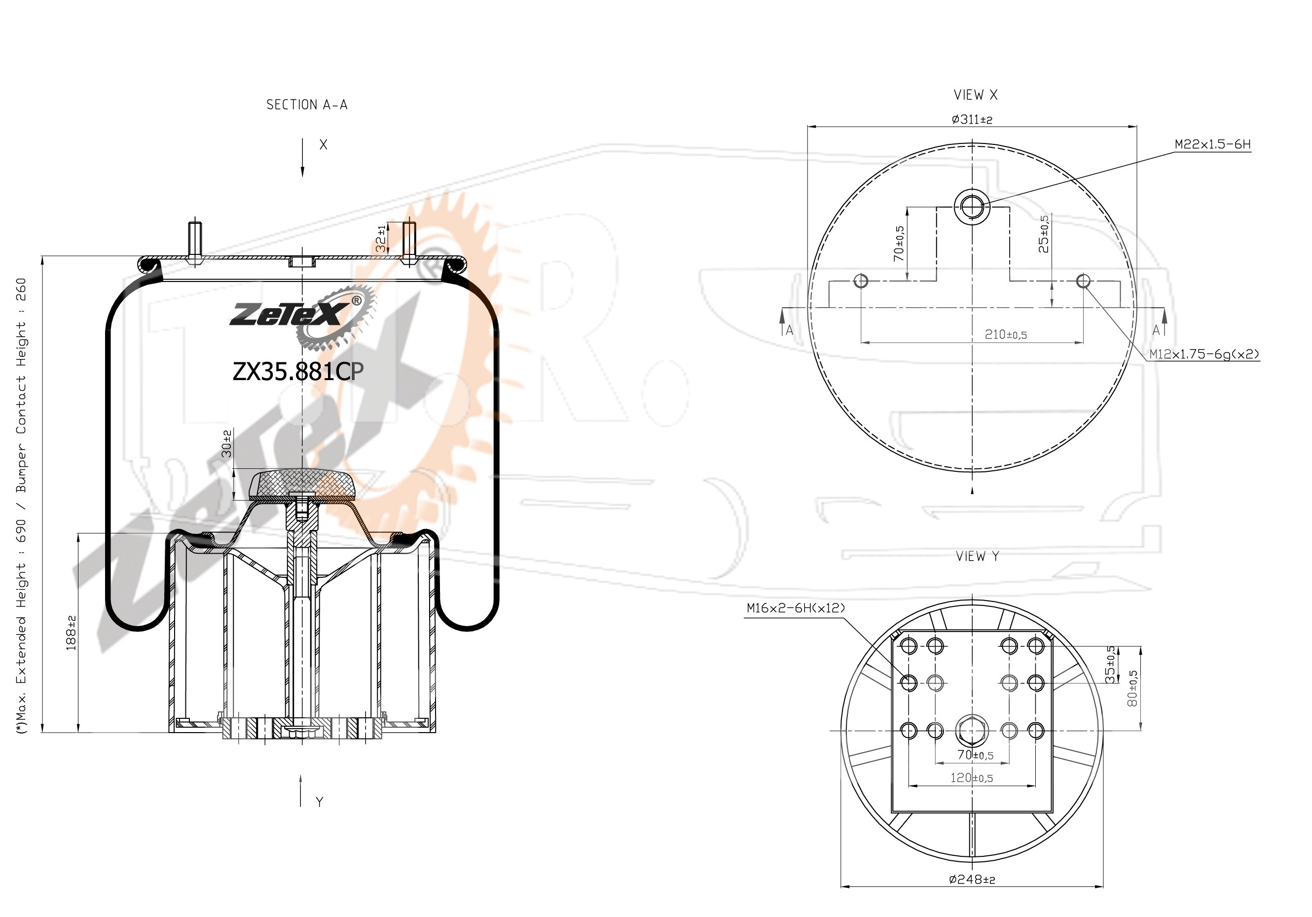ZX35.881CP, Пневморессора 881MB пластиковый стакан BPW TYPE 36 — ZeTeX