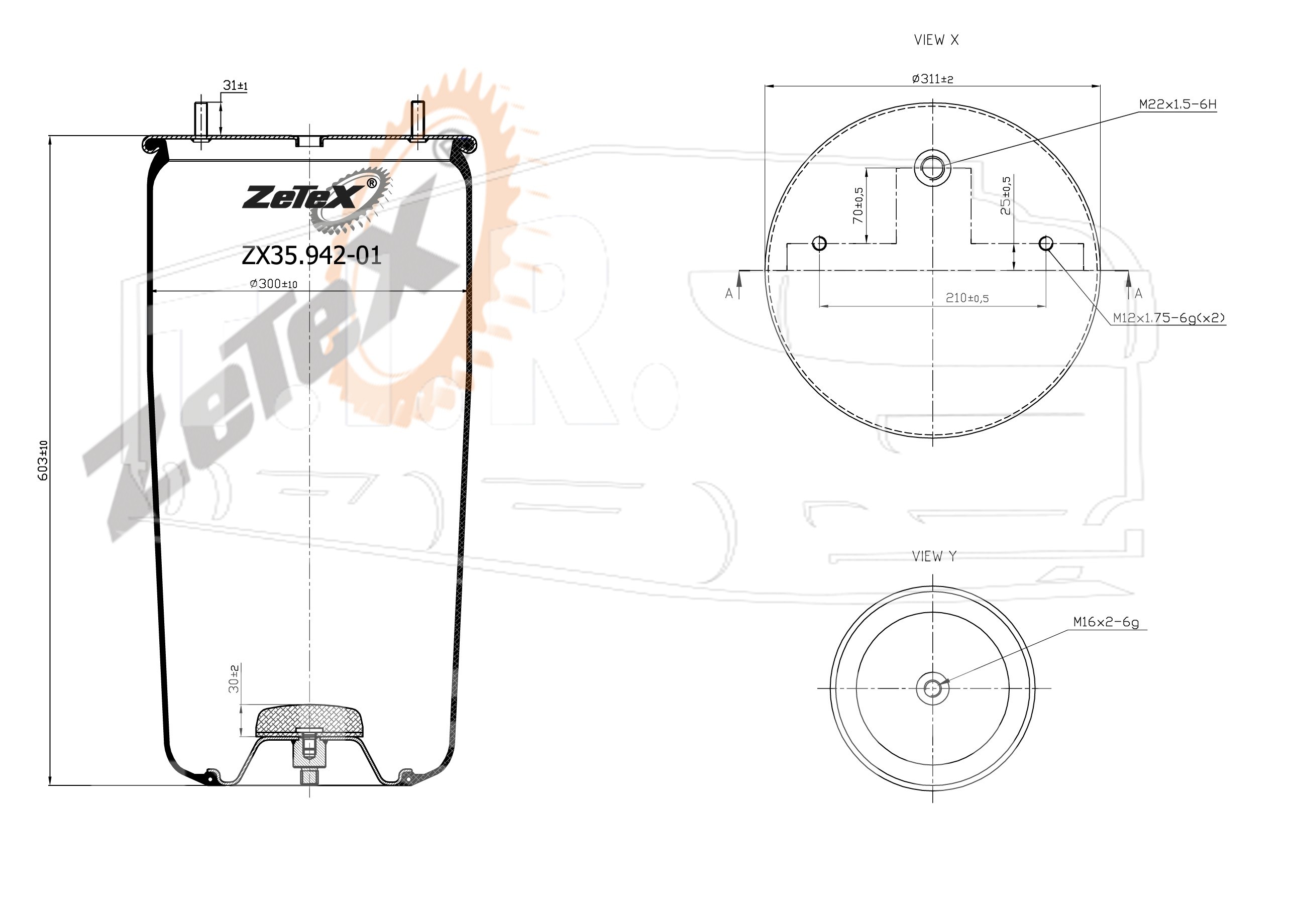 ZX35.942-01, Пневморессора 942MB без стакана BPW TYPE 36-1 — ZeTeX