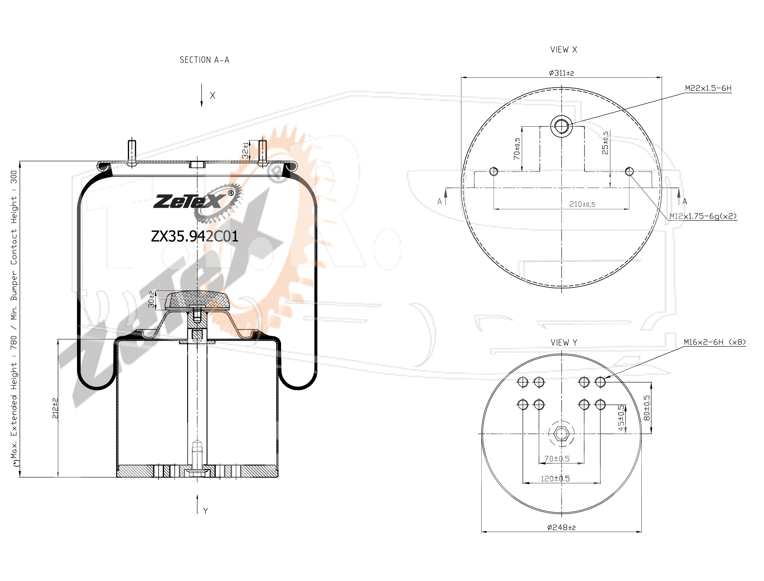 ZX35.942C01, Пневморессора 942MB металлический стакан BPW TYPE 36-1 — ZeTeX